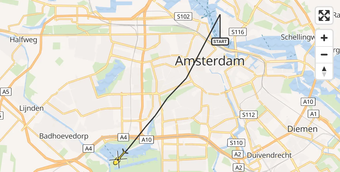 Routekaart van de vlucht: Politieheli naar Amsterdam