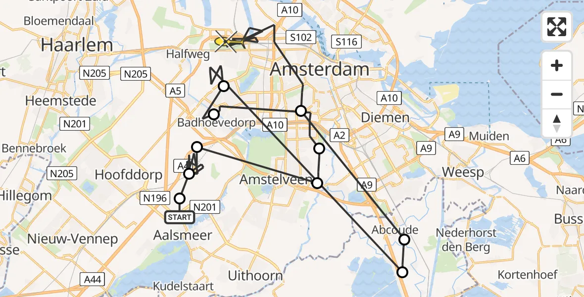 Routekaart van de vlucht: Politieheli naar Amsterdam