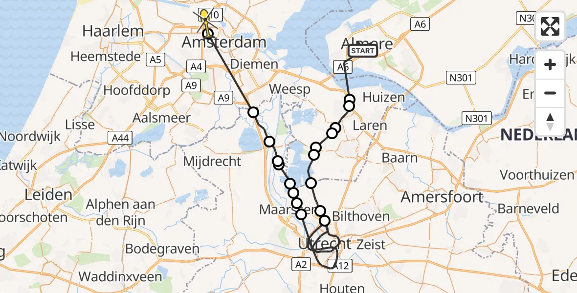 Routekaart van de vlucht: Politieheli naar Amsterdam