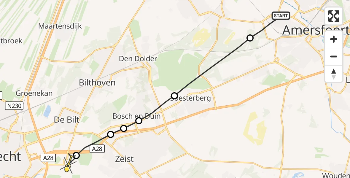 Routekaart van de vlucht: Lifeliner 1 naar Universitair Medisch Centrum Utrecht