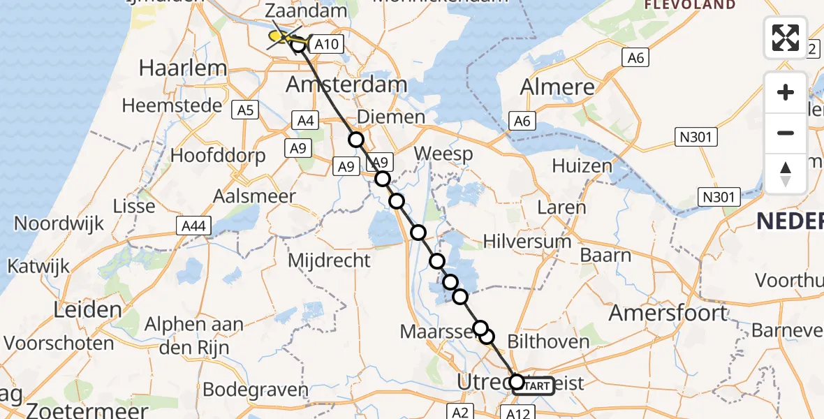 Routekaart van de vlucht: Lifeliner 1 naar Amsterdam Heliport