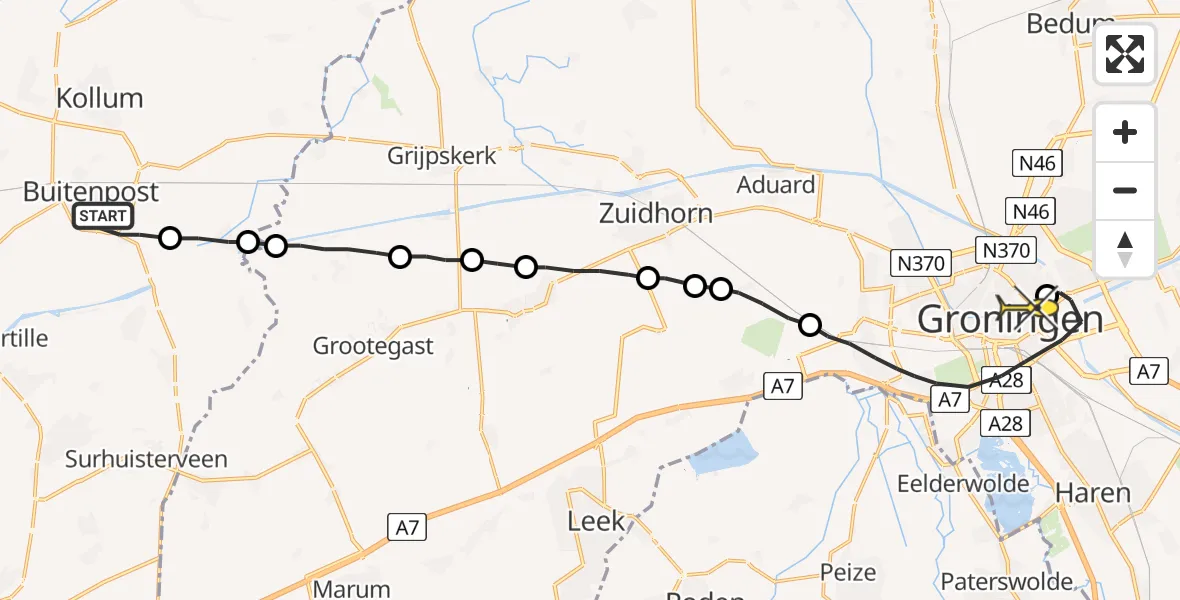 Routekaart van de vlucht: Lifeliner 4 naar Universitair Medisch Centrum Groningen