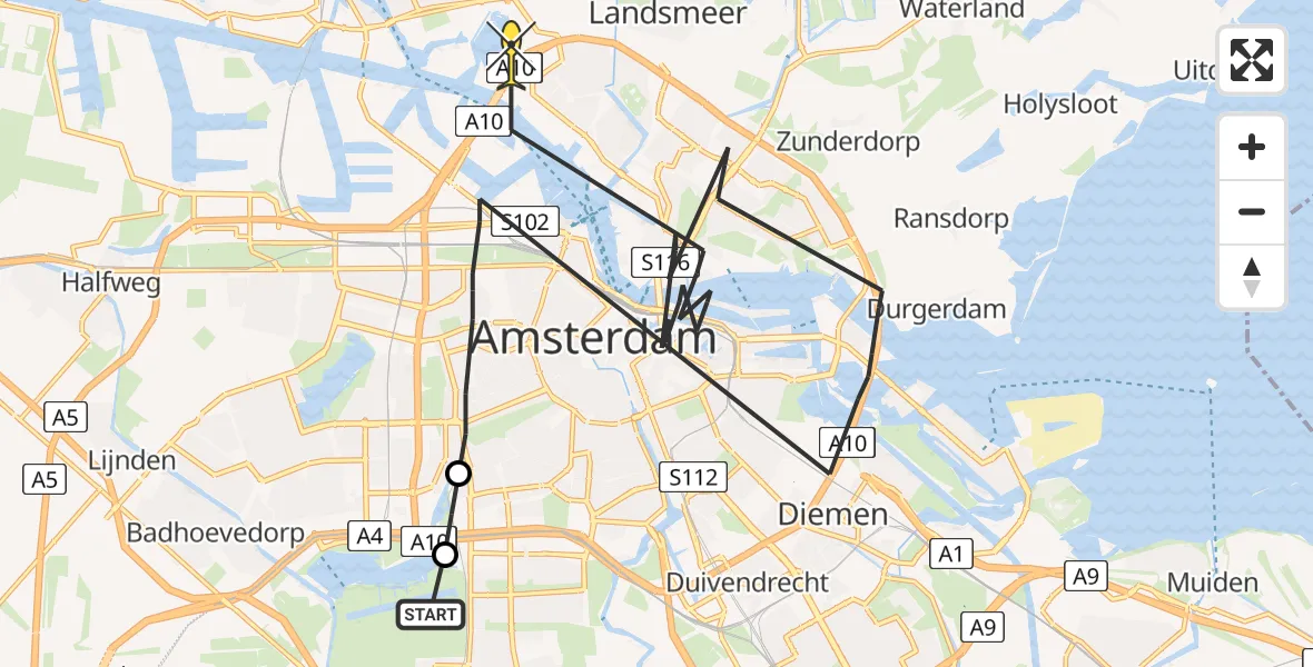 Vluchtroute Politiehelikopter van Amstelveen naar Amsterdam