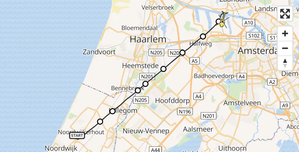 Routekaart van de vlucht: Lifeliner 1 naar Amsterdam Heliport