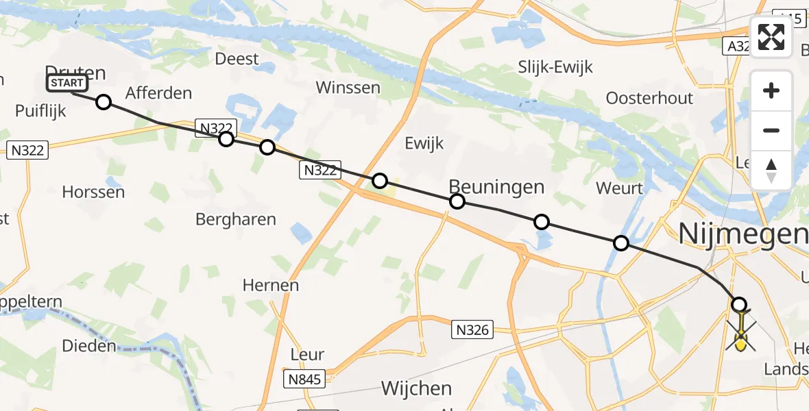 Routekaart van de vlucht: Lifeliner 3 naar Radboud Universitair Medisch Centrum