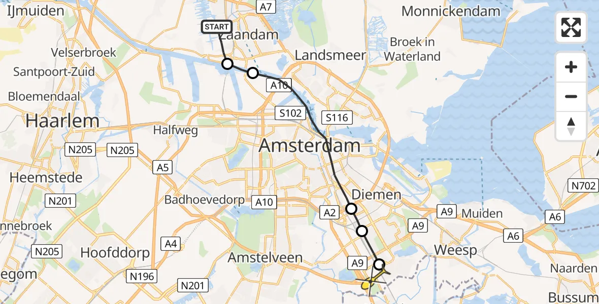 Routekaart van de vlucht: Lifeliner 1 naar Academisch Medisch Centrum (AMC)