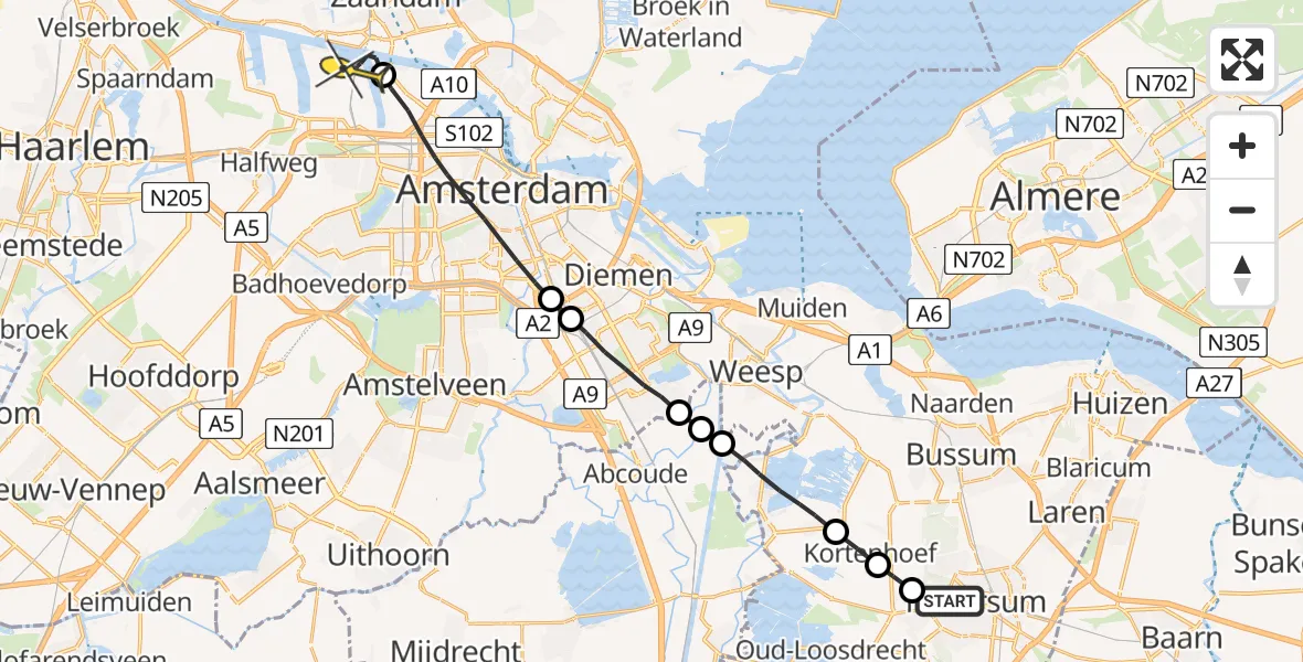 Routekaart van de vlucht: Lifeliner 1 naar Amsterdam Heliport