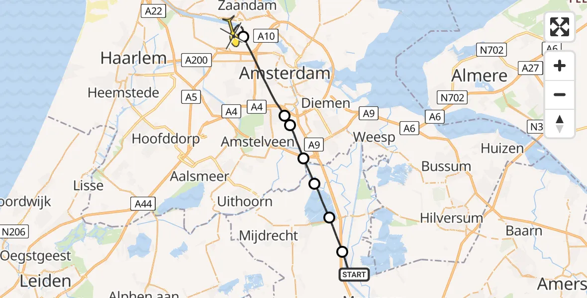 Routekaart van de vlucht: Lifeliner 1 naar Amsterdam Heliport