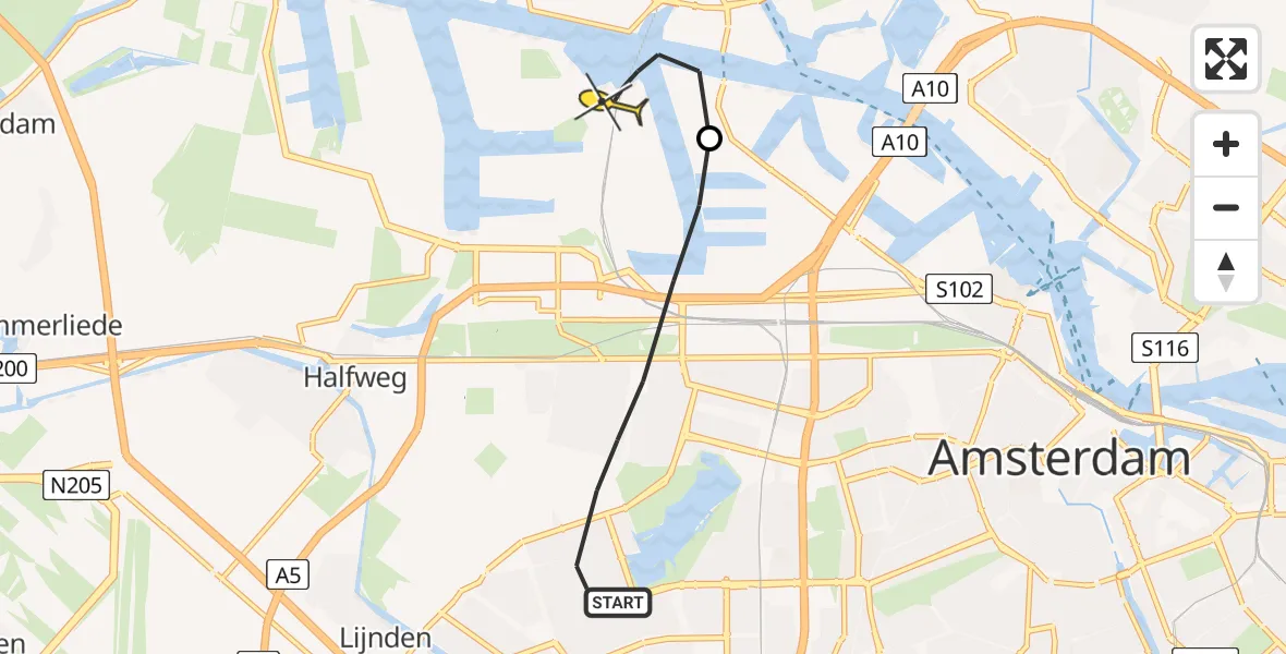 Routekaart van de vlucht: Lifeliner 1 naar Amsterdam Heliport