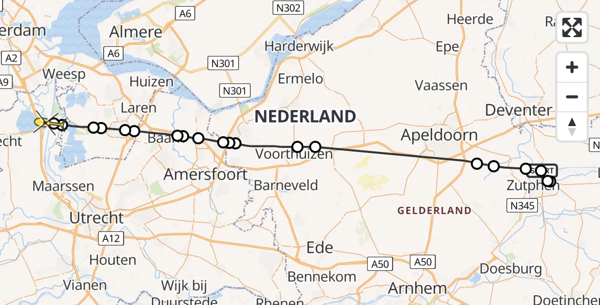 Routekaart van de vlucht: Politiehelikopter naar Loenen aan de Vecht