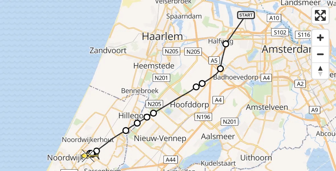 Routekaart van de vlucht: Lifeliner 1 naar Voorhout