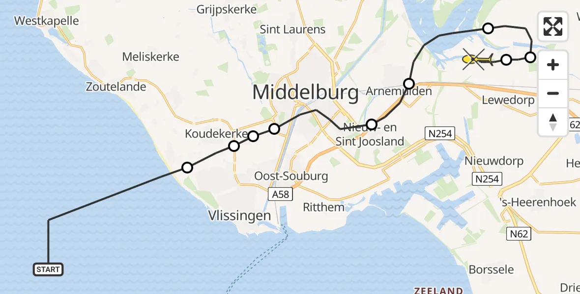 Routekaart van de vlucht: Politiehelikopter naar Vliegveld Midden-Zeeland