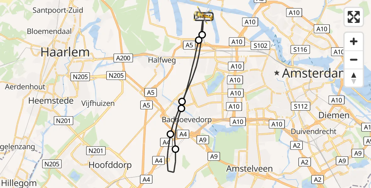 Vluchtroute Traumahelikopter Amsterdam Heliport - Amsterdam Heliport, 24 juli 2023, 09:29