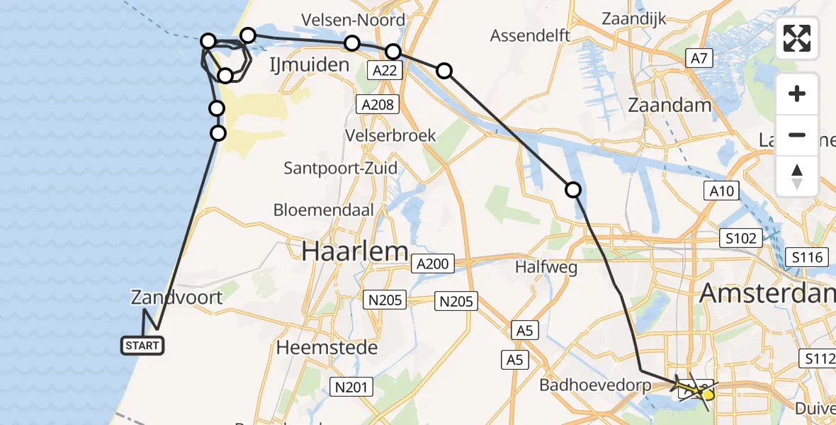 Routekaart van de vlucht: Politieheli naar Amsterdam