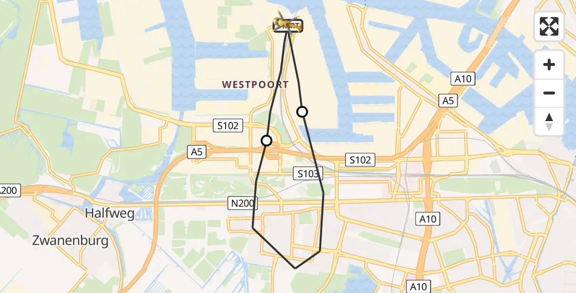 Vluchtroute Traumahelikopter Amsterdam Heliport - Amsterdam Heliport, 24 juli 2023, 09:49
