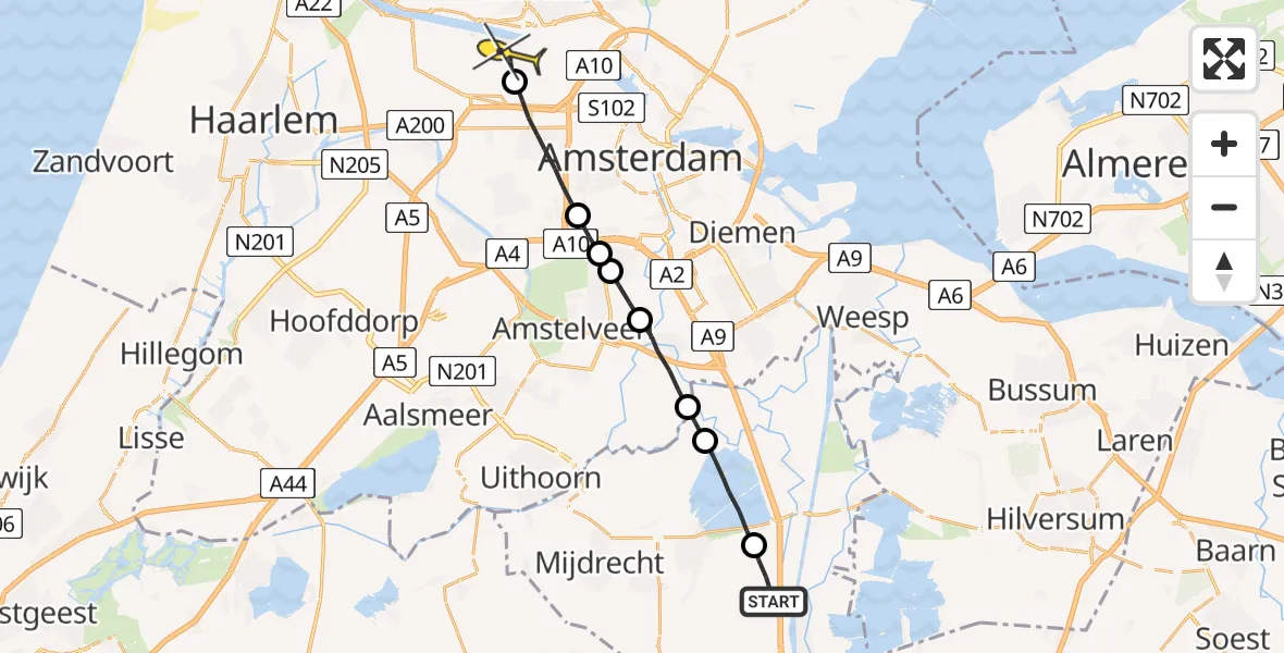 Routekaart van de vlucht: Lifeliner 1 naar Amsterdam Heliport