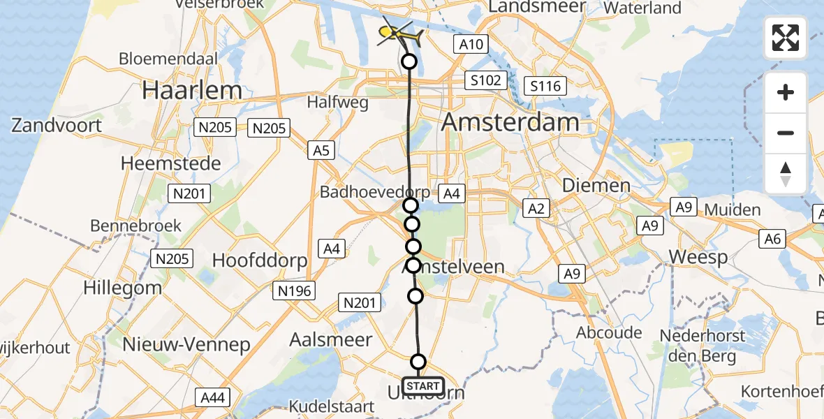 Routekaart van de vlucht: Lifeliner 1 naar Amsterdam Heliport