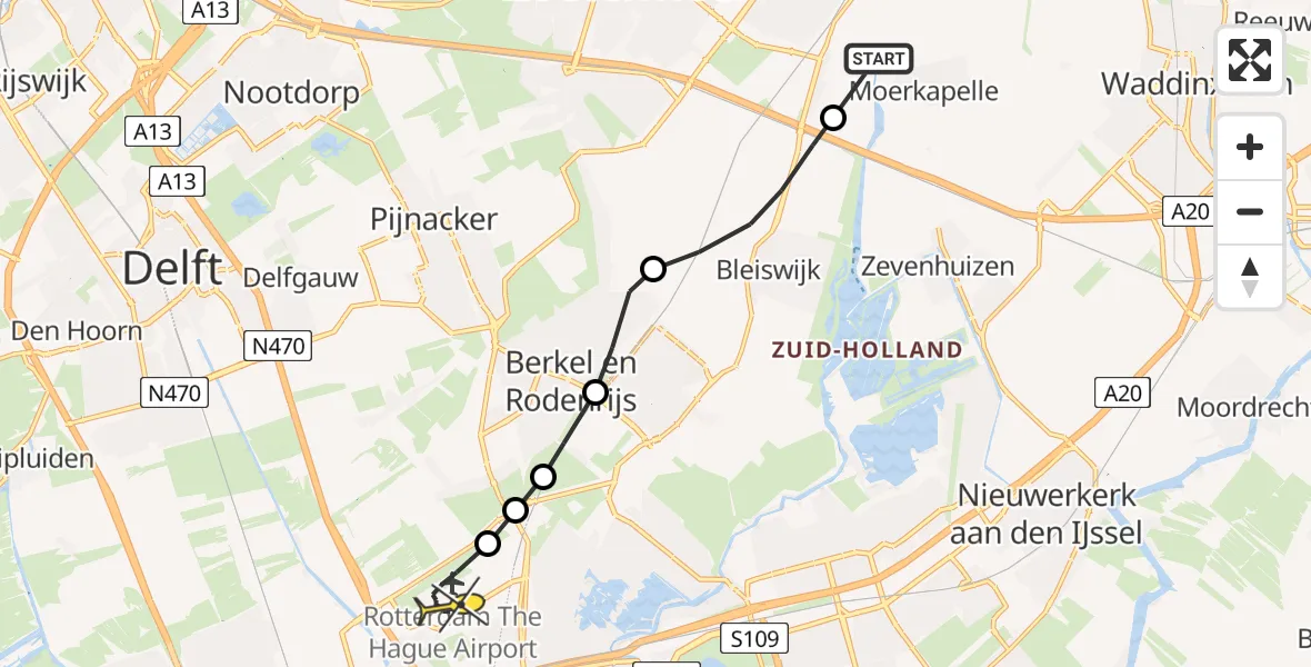 Routekaart van de vlucht: Politieheli naar Rotterdam The Hague Airport