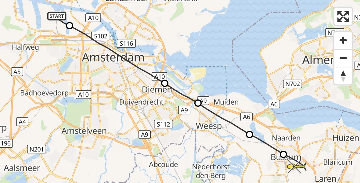 Routekaart van de vlucht: Lifeliner 1 naar Bussum