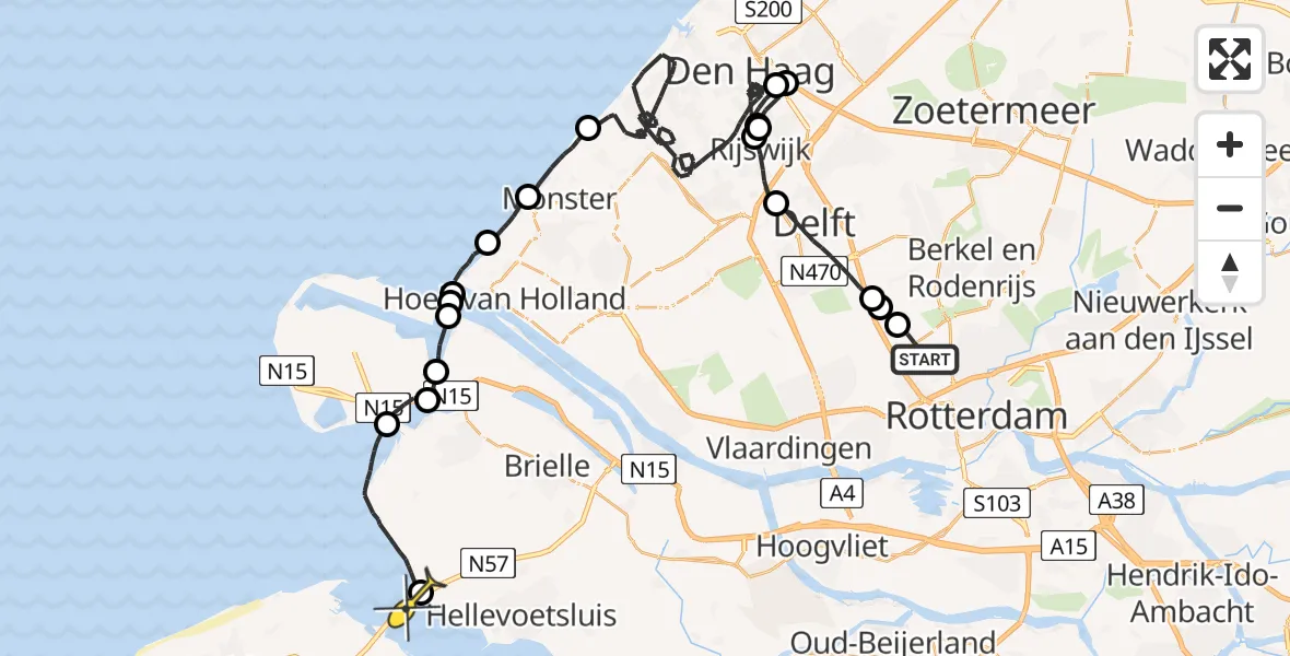 Routekaart van de vlucht: Politieheli naar Hellevoetsluis