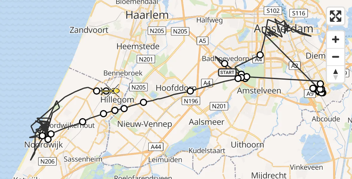 Routekaart van de vlucht: Politiehelikopter naar Hillegom