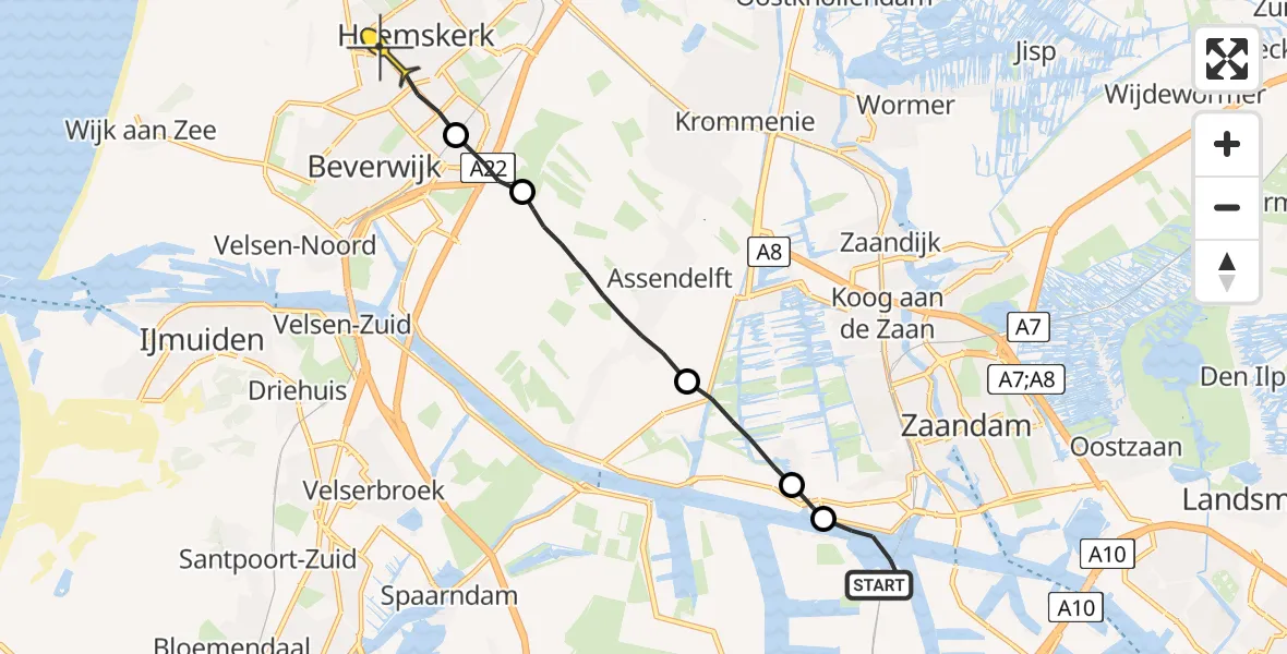 Routekaart van de vlucht: Lifeliner 1 naar Heemskerk