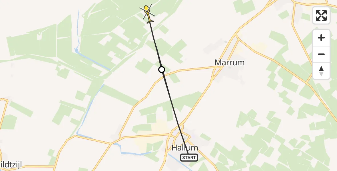 Routekaart van de vlucht: Ambulancehelikopter naar Marrum