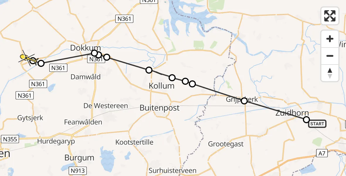 Routekaart van de vlucht: Ambulanceheli naar Jislum