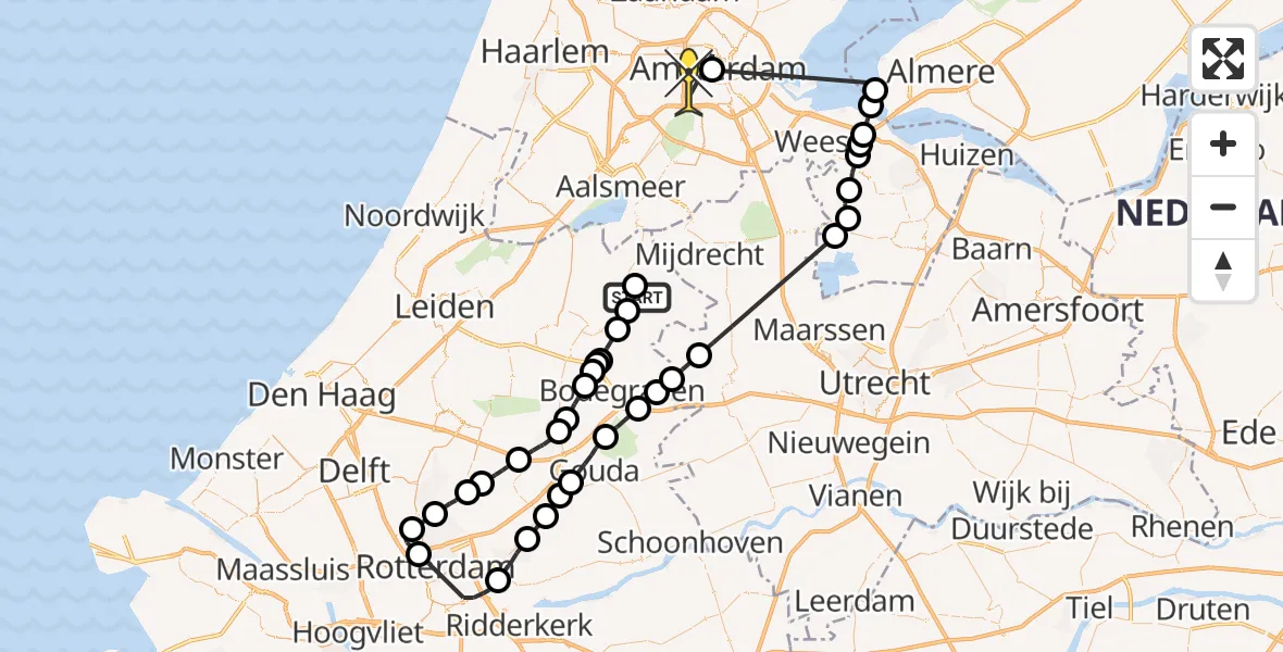 Routekaart van de vlucht: Politieheli naar Amsterdam