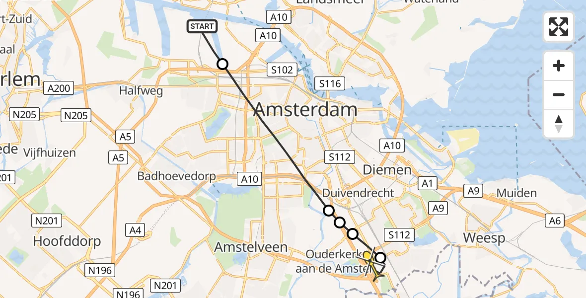 Routekaart van de vlucht: Lifeliner 1 naar Academisch Medisch Centrum (AMC)