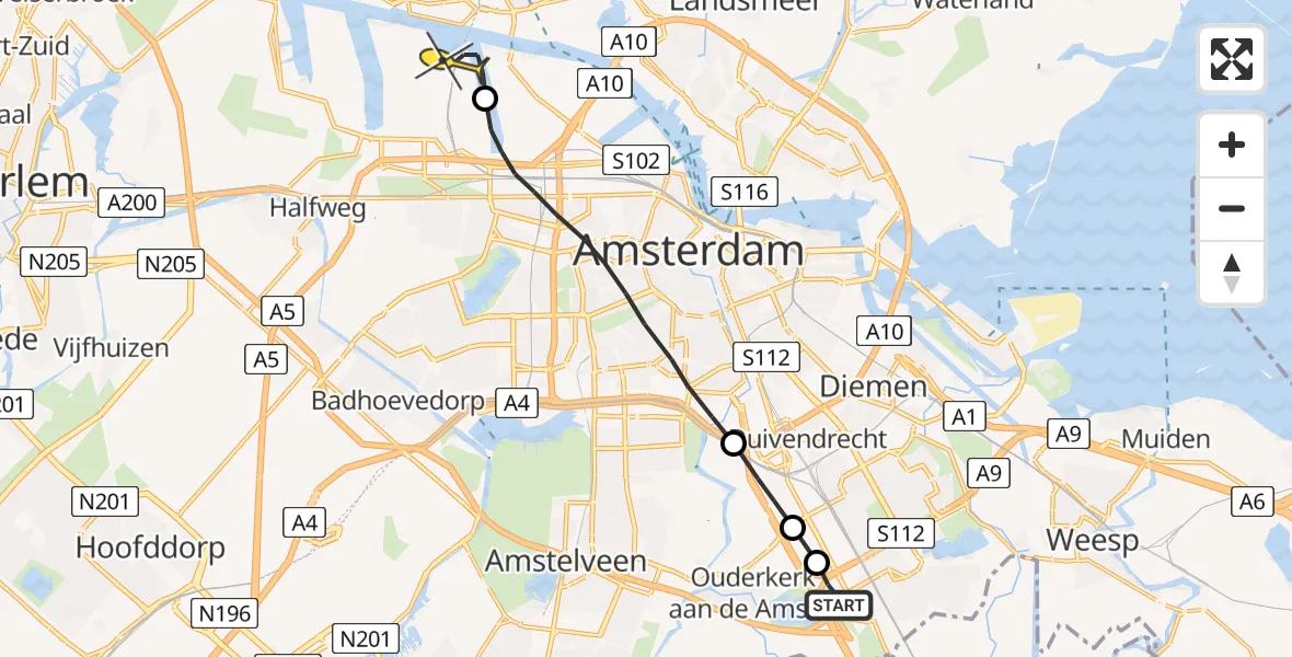 Routekaart van de vlucht: Lifeliner 1 naar Amsterdam Heliport