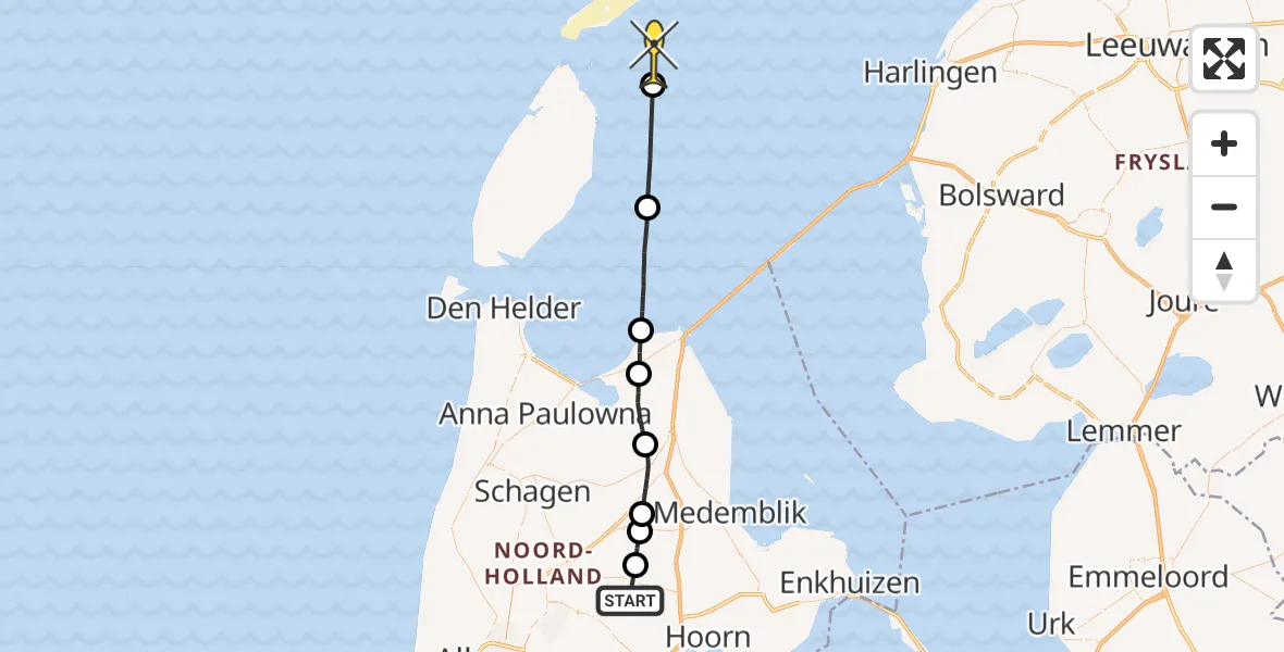 Routekaart van de vlucht: Politiehelikopter naar Vlieland