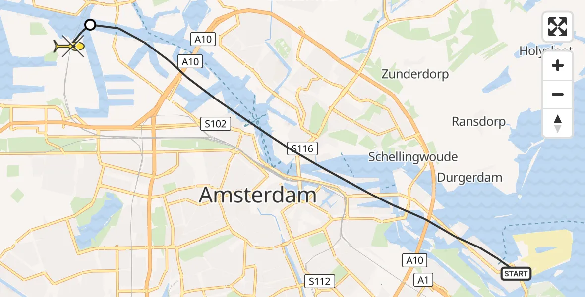 Routekaart van de vlucht: Lifeliner 1 naar Amsterdam Heliport