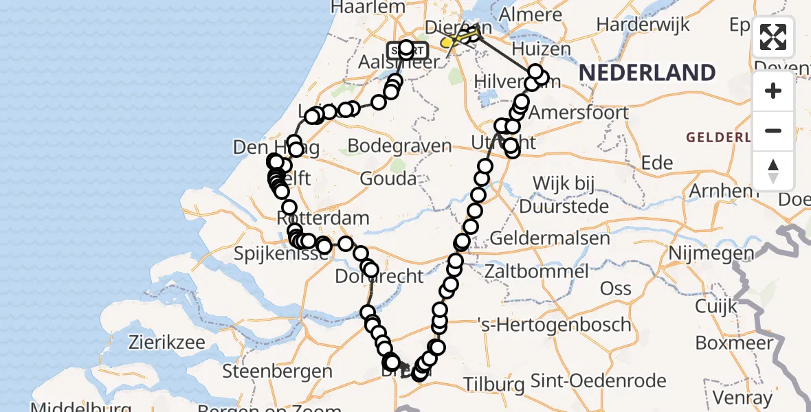 Routekaart van de vlucht: Politieheli naar Amsterdam