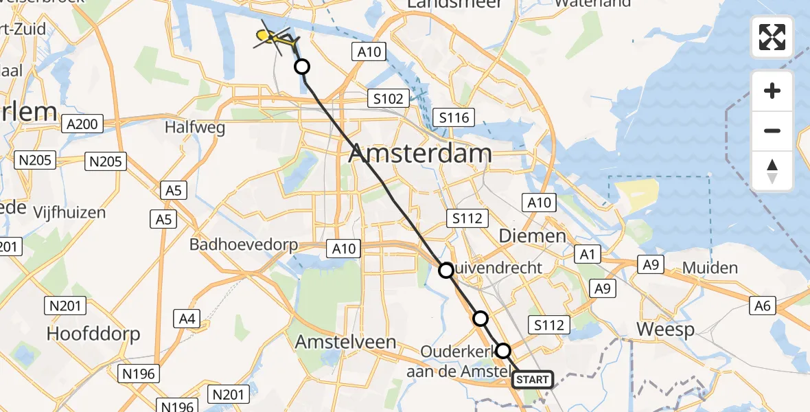 Routekaart van de vlucht: Lifeliner 1 naar Amsterdam Heliport