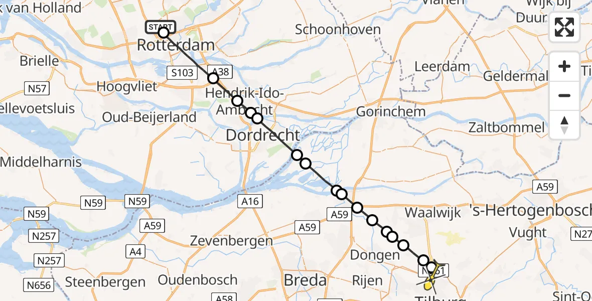 Routekaart van de vlucht: Lifeliner 2 naar Tilburg