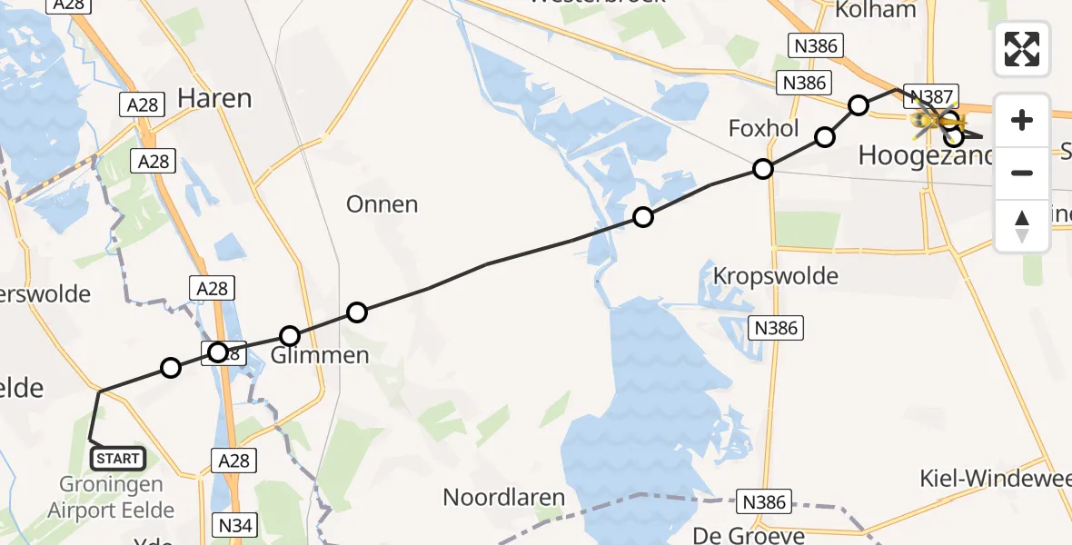 Vluchtroute Traumahelikopter van Groningen Airport Eelde naar 