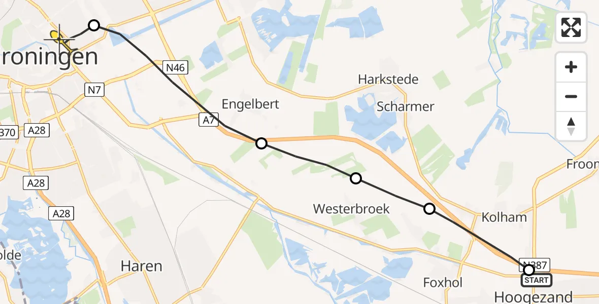 Routekaart van de vlucht: Lifeliner 4 naar Universitair Medisch Centrum Groningen