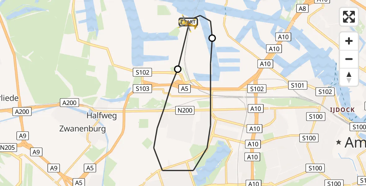Vluchtroute Traumahelikopter Amsterdam Heliport - Amsterdam Heliport, 29 juli 2023, 19:07