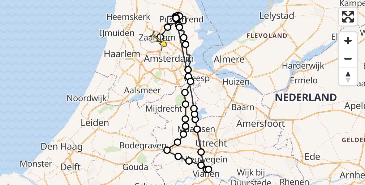 Routekaart van de vlucht: Politiehelikopter naar Zaandam