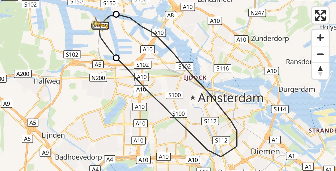 Vluchtroute Traumahelikopter Amsterdam Heliport - Amsterdam Heliport, 29 juli 2023, 19:23