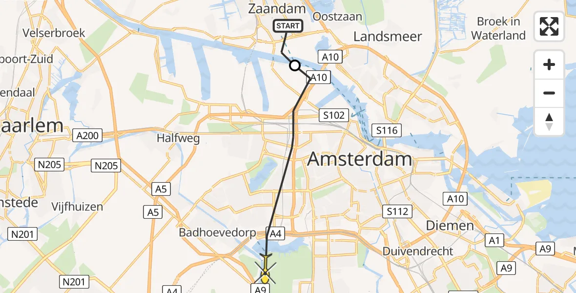 Routekaart van de vlucht: Politiehelikopter naar Amstelveen