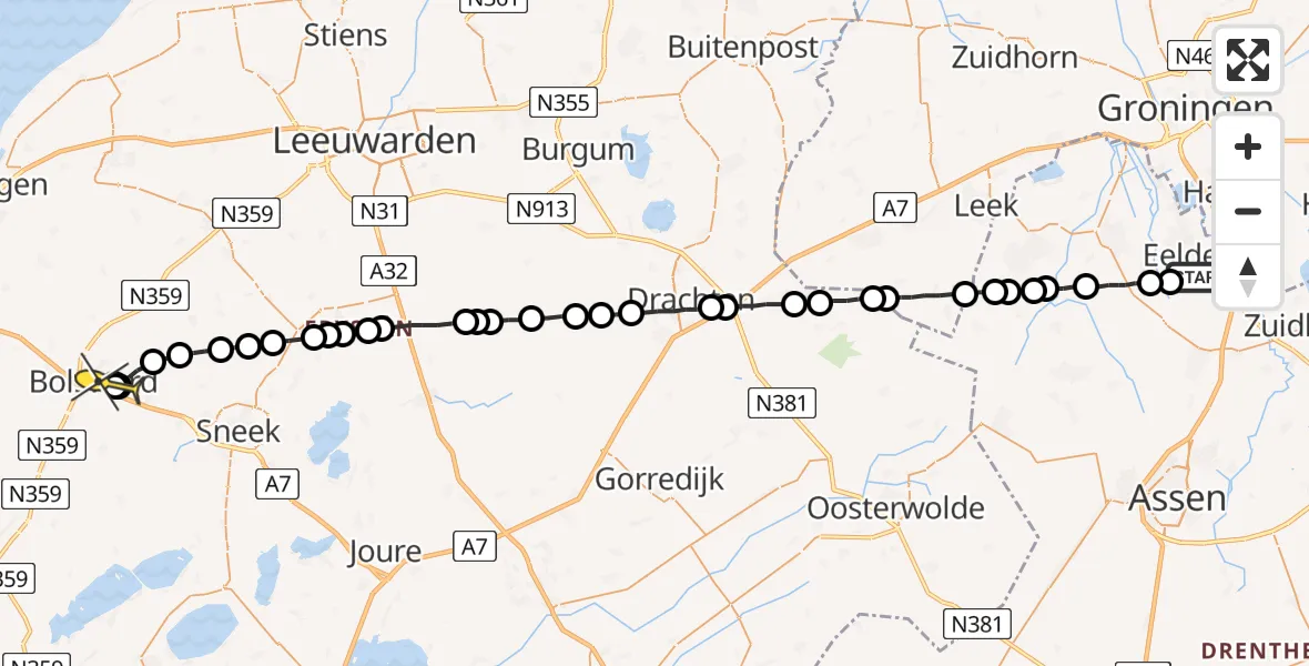 Routekaart van de vlucht: Lifeliner 4 naar Bolsward