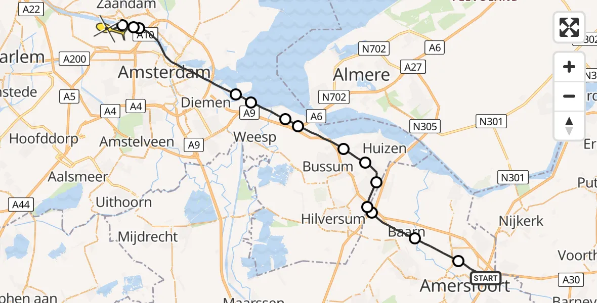 Routekaart van de vlucht: Lifeliner 1 naar Amsterdam Heliport