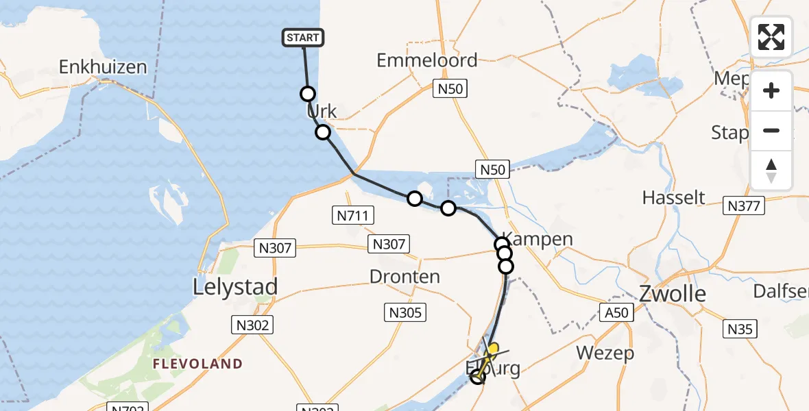 Routekaart van de vlucht: Politiehelikopter naar Elburg