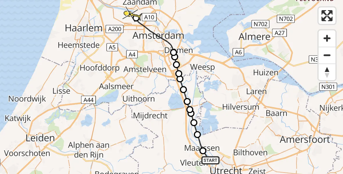 Routekaart van de vlucht: Lifeliner 1 naar Amsterdam Heliport