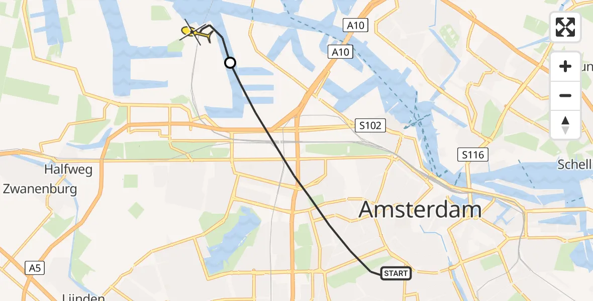 Routekaart van de vlucht: Lifeliner 1 naar Amsterdam Heliport