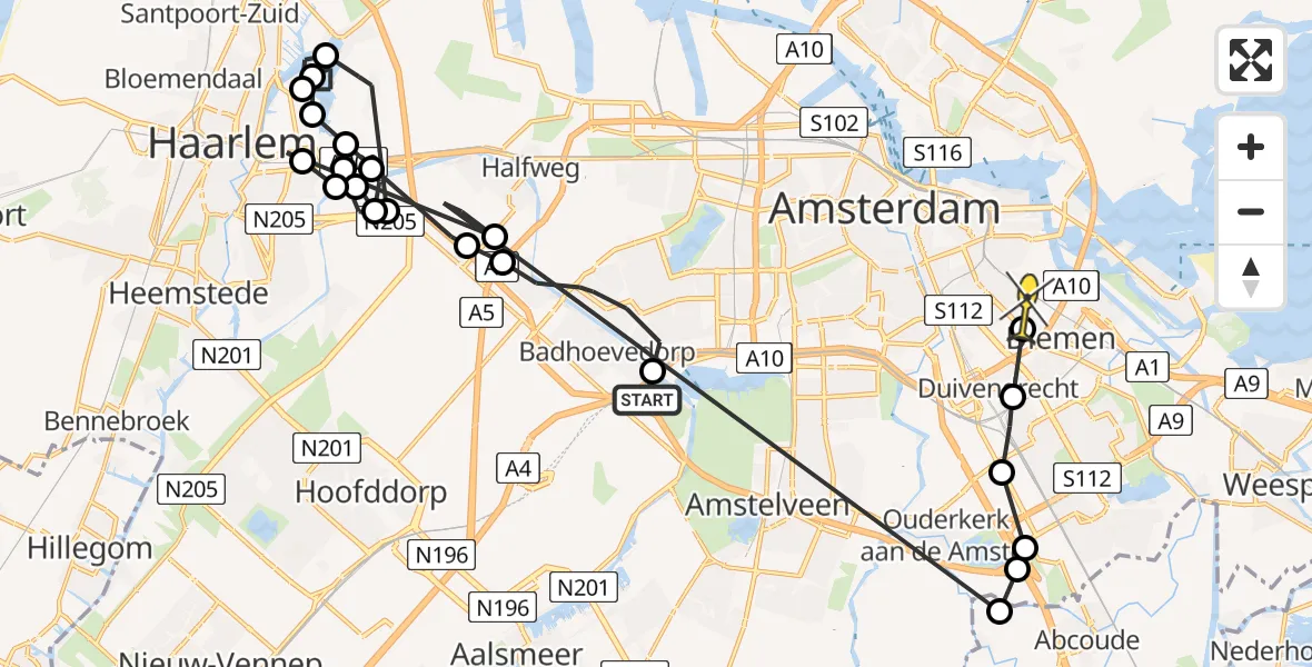 Routekaart van de vlucht: Politieheli naar Amsterdam