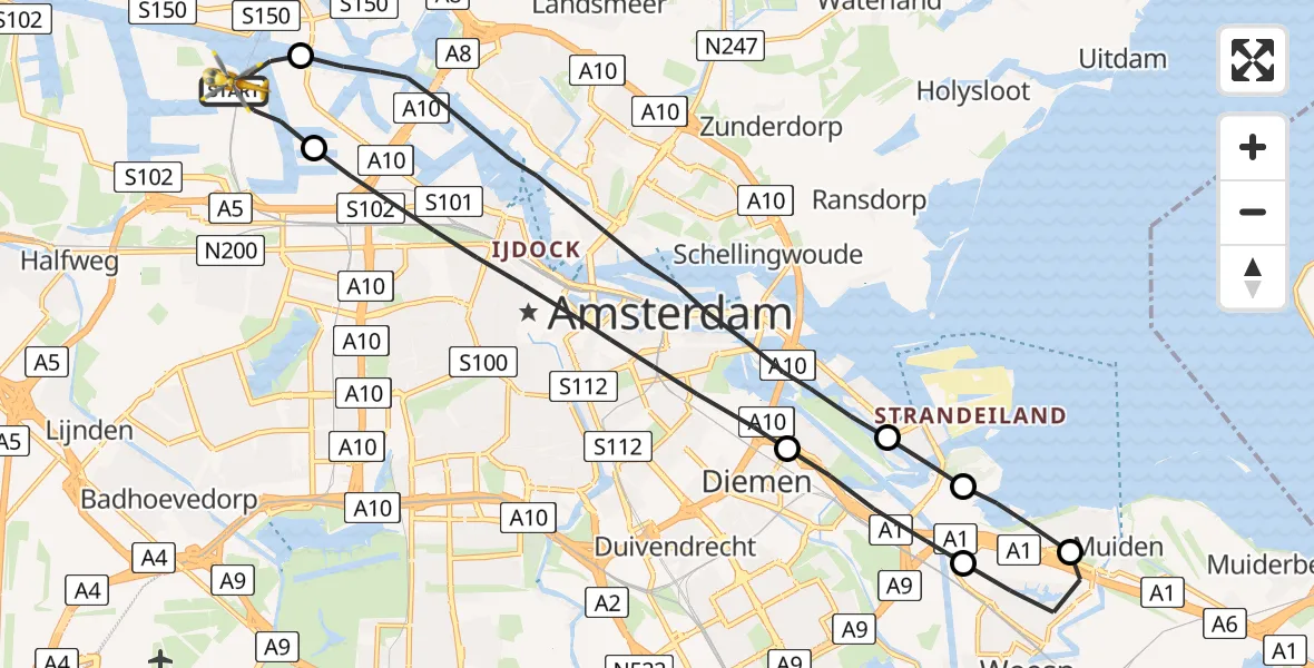 Vluchtroute Traumahelikopter Amsterdam Heliport - Amsterdam Heliport, 30 juli 2023, 16:02