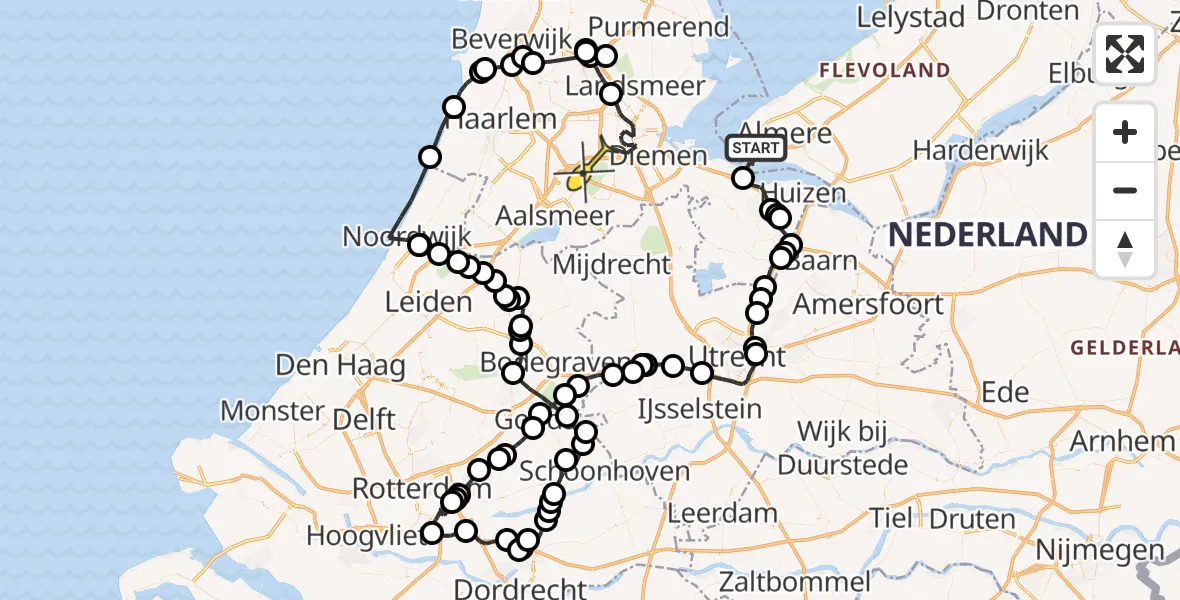 Routekaart van de vlucht: Politieheli naar Amsterdam